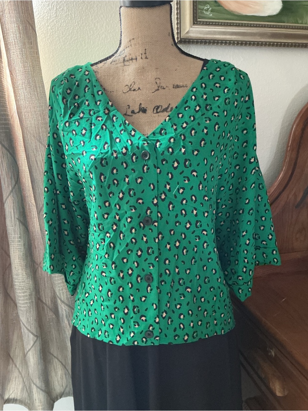 Worthington Emerald Green Leopard Print Button-Down Blouse